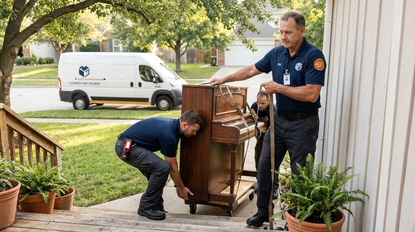 Licensed piano movers securing grand piano in New Fairfield, CT