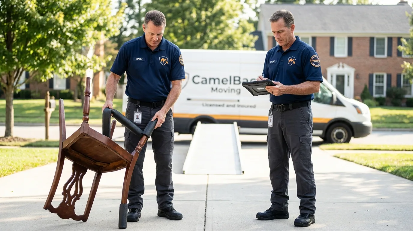 Movers inspecting furniture for damage prevention before loading in New Fairfield, CT