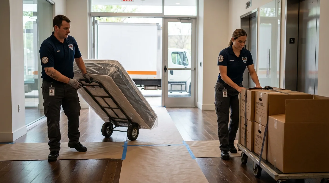 Professional apartment movers loading elevator in New Fairfield, CT