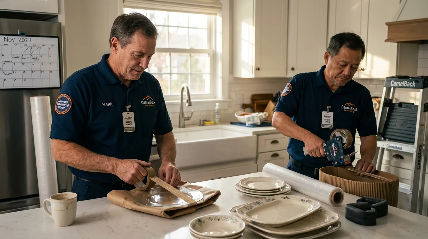 Professional crew packing kitchen dishware in New Fairfield, CT